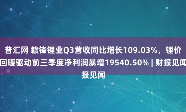 普汇网 赣锋锂业Q3营收同比增长109.03%，锂价回暖驱动前三季度净利润暴增19540.50% | 财报见闻
